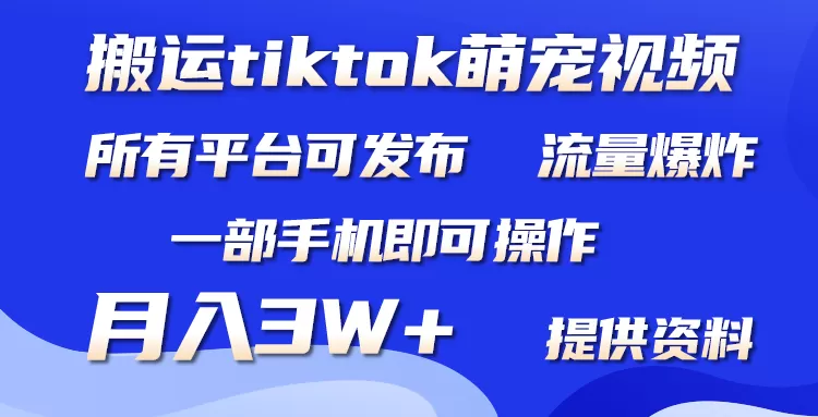 搬运Tiktok萌宠类视频，一部手机即可。所有短视频平台均可操作，月入3W+ - 淘客掘金网-淘客掘金网