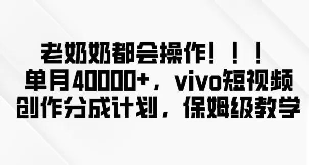 老奶奶都会操作，新平台无脑操作，单月40000+，vivo短视频创作分成计划【揭秘】 - 淘客掘金网-淘客掘金网