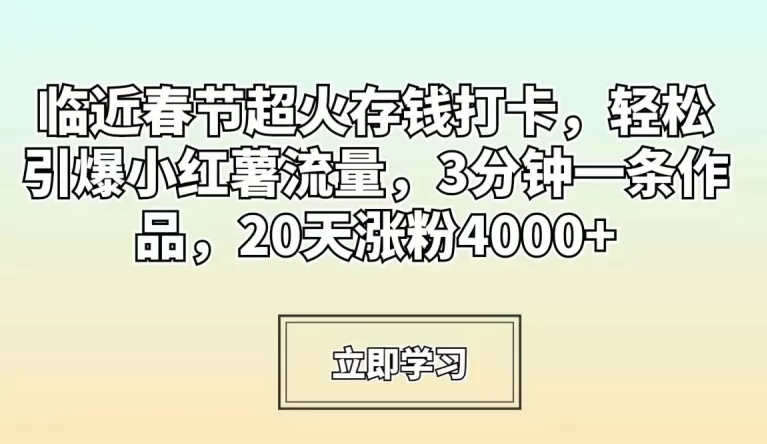 临近春节超火存钱打卡，轻松引爆小红薯流量，3分钟一条作品，20天涨粉4000+ - 淘客掘金网-淘客掘金网