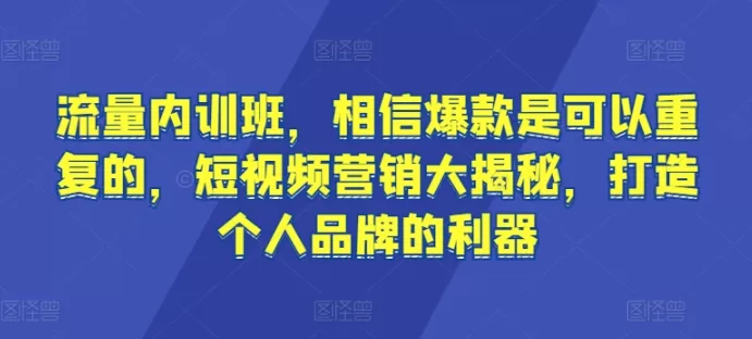 流量内训班，相信爆款是可以重复的，短视频营销大揭秘，打造个人品牌的利器 - 淘客掘金网-淘客掘金网