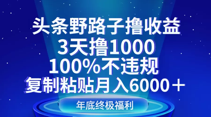 头条野路子撸收益，3天撸1000，100%不违规，复制粘贴月入6000＋ - 淘客掘金网-淘客掘金网