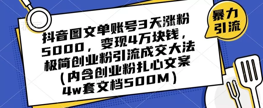 抖音图文单账号3天涨粉5000，变现4万块钱，极简创业粉引流成交大法 - 淘客掘金网-淘客掘金网