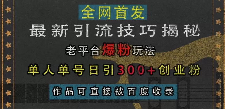 最新引流技巧揭秘，老平台爆粉玩法，单人单号日引300+创业粉，作品可直接被百度收录 - 淘客掘金网-淘客掘金网